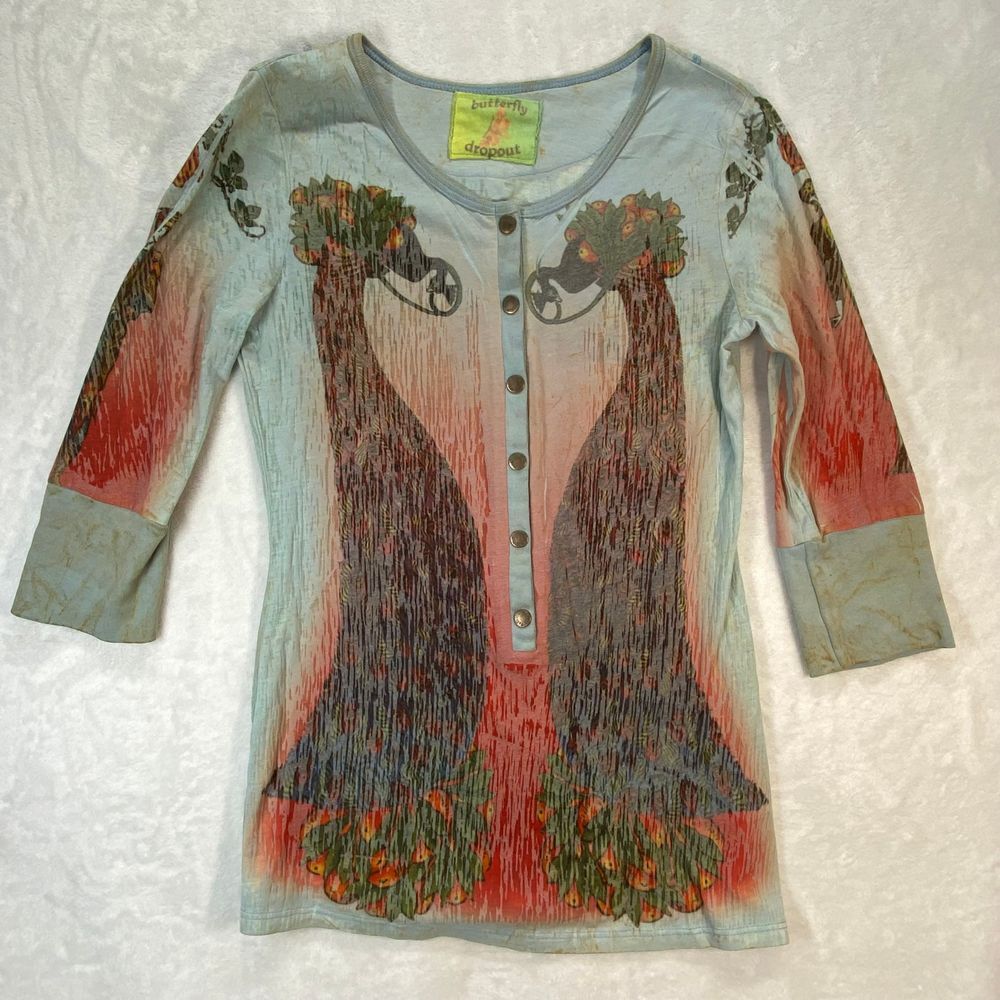 Butterfly Dropout Art to Wear Button‎ Up Top Peacock Print 3/4 Sleeve M